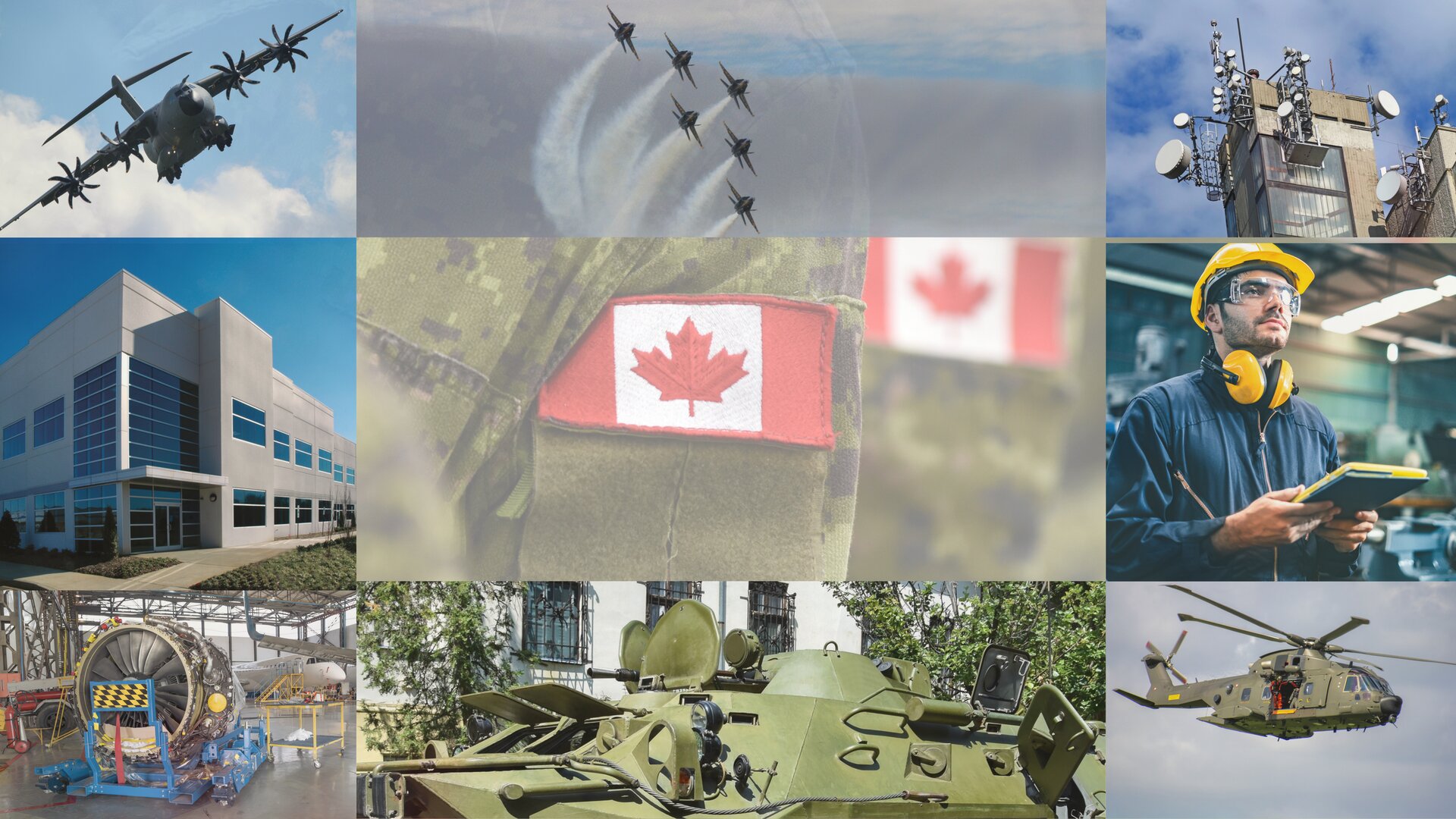 Canadian defence industry collage featuring military aircraft, armoured vehicles, aerospace manufacturing, and Canadian Armed Forces